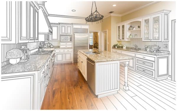 Illustration of remodel imposed on top of kitchen photo with island in the middle